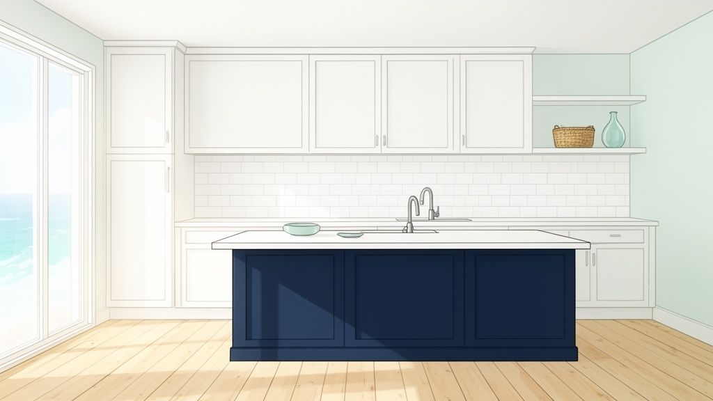 A bright coastal kitchen with a navy blue island, white cabinets, and an ocean view.