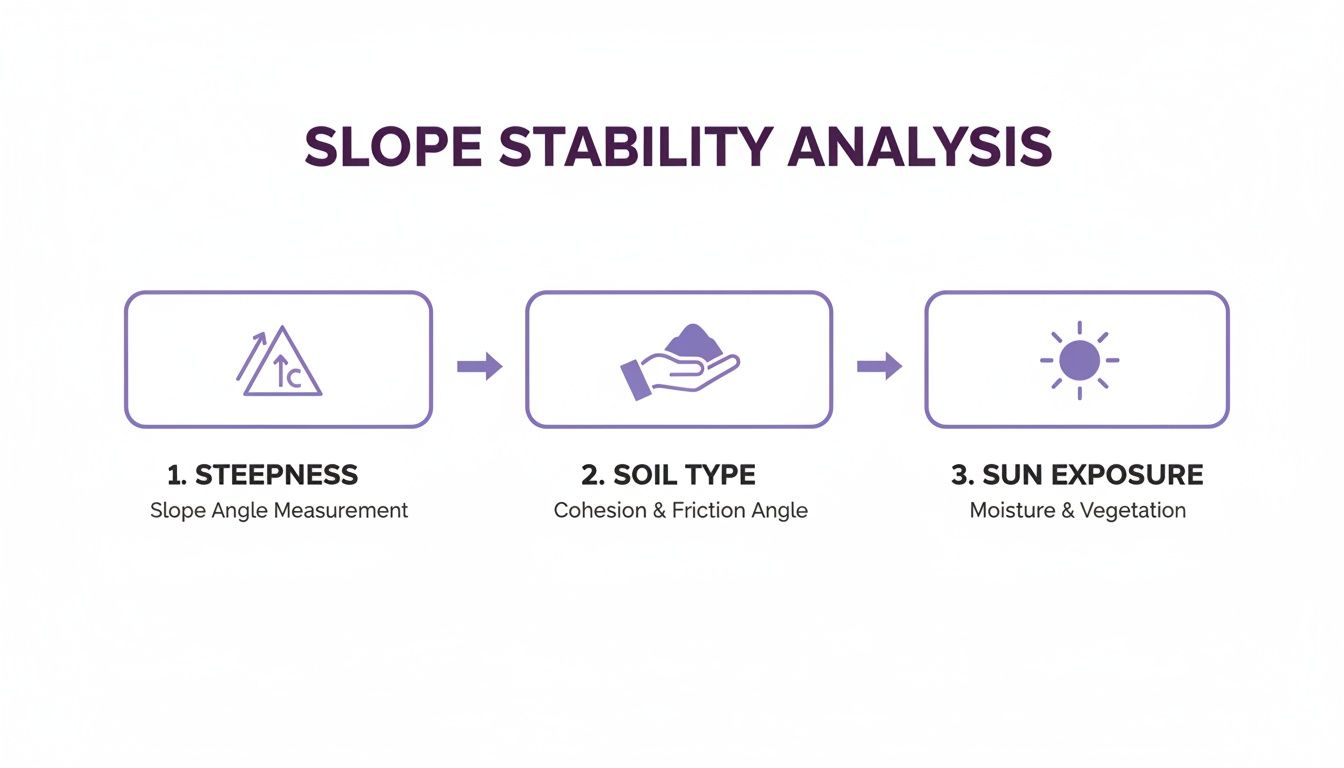 A diagram illustrating the three key factors for slope stability analysis: steepness, soil type, and sun exposure.