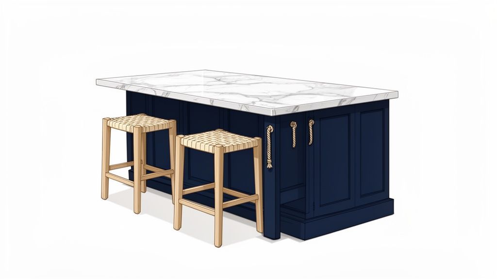 A stylish dark blue kitchen island with a white marble top and two woven wooden bar stools.
