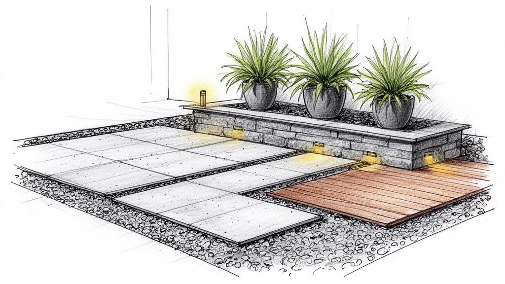 A stylish low-maintenance garden sketch featuring pavers, gravel, planted pots, and subtle accent lighting.