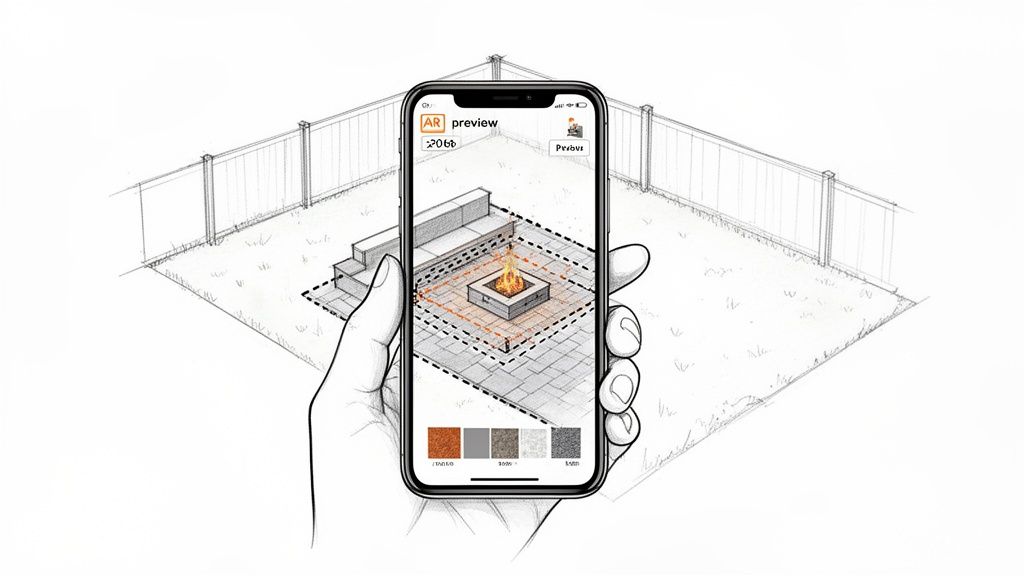 Smartphone with AR app displaying a virtual hardscape design of a fire pit and patio in a backyard.