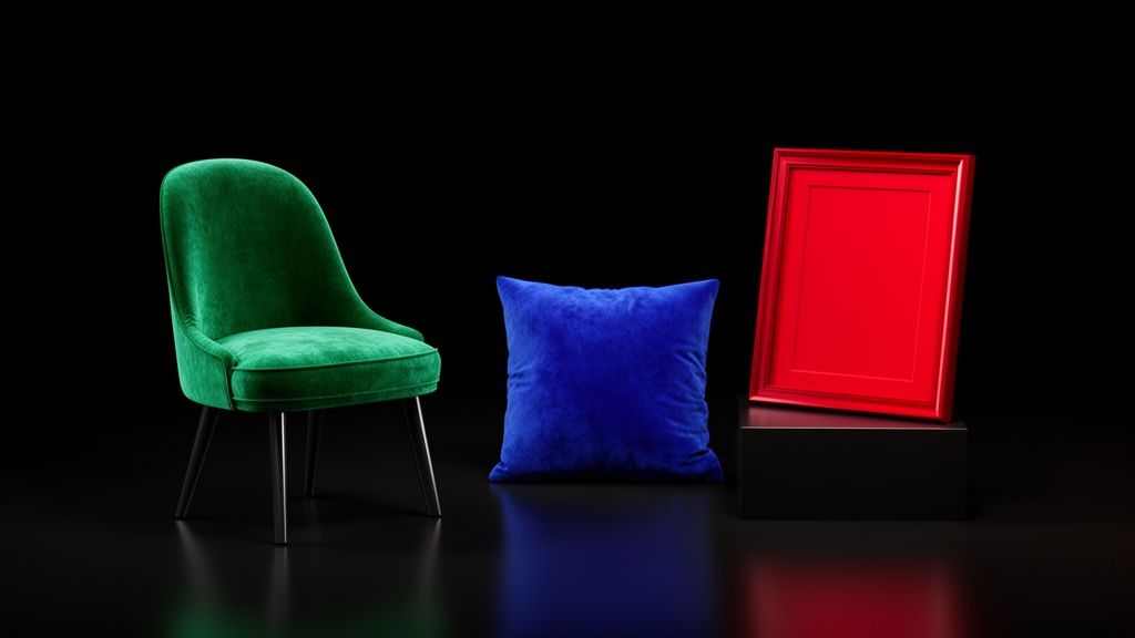 A vibrant green velvet chair, a blue velvet cushion, and a red frame on a black background.