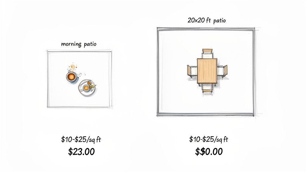 Illustrations of two patio designs, a morning patio and a 20x20 ft patio, with cost details.