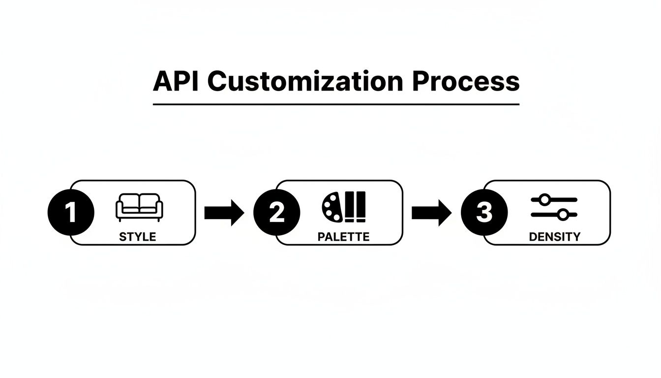 Diagram illustrating the API customization process, showing steps for style, palette, and density.