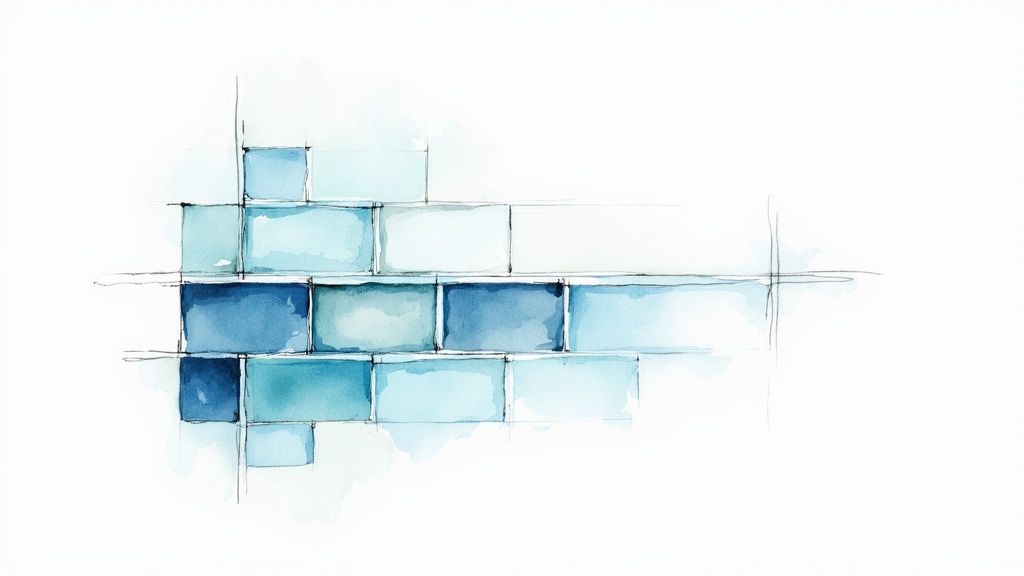 An abstract watercolor painting featuring a grid of blue and teal squares and rectangles on a white background.