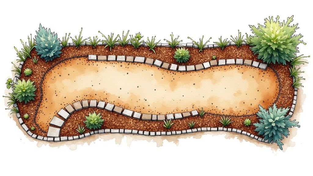 Watercolor illustration of a simple backyard landscape design with a winding path and plants.