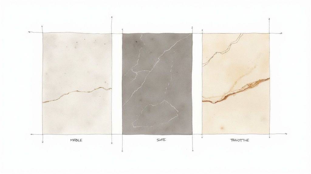 Hand-drawn comparison of marble, slate, and travertine natural stone samples for interior design.