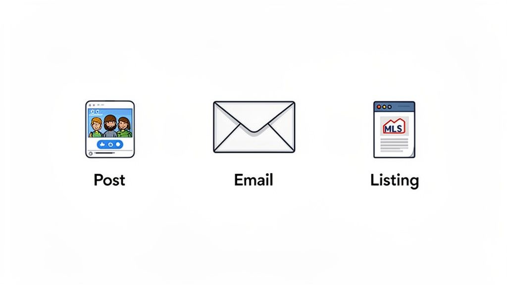 Three icons representing sharing options: a smartphone for Post, an envelope for Email, and an MLS webpage for Listing.