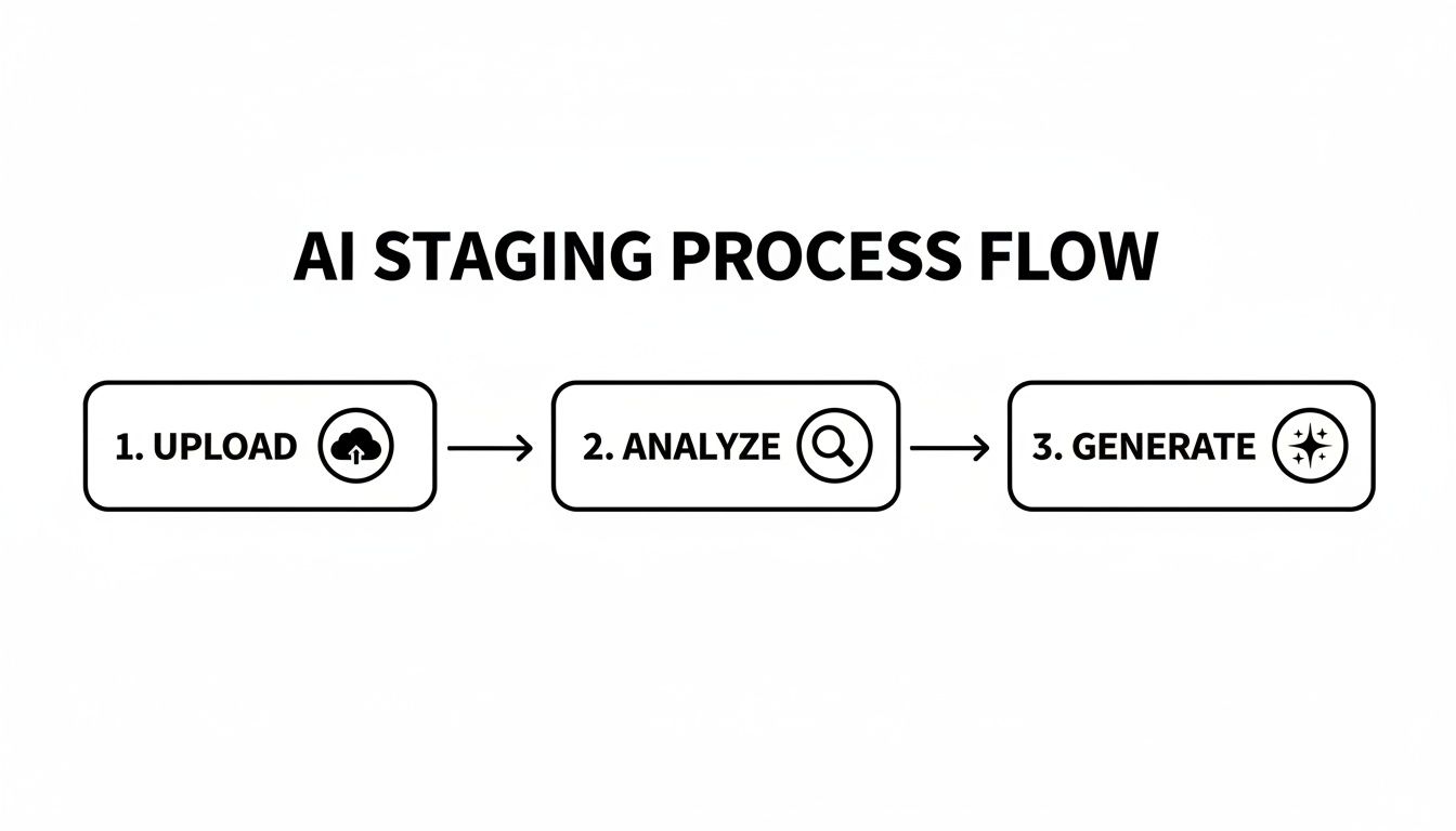 A diagram illustrating the AI staging process flow with three key steps: upload, analyze, and generate.