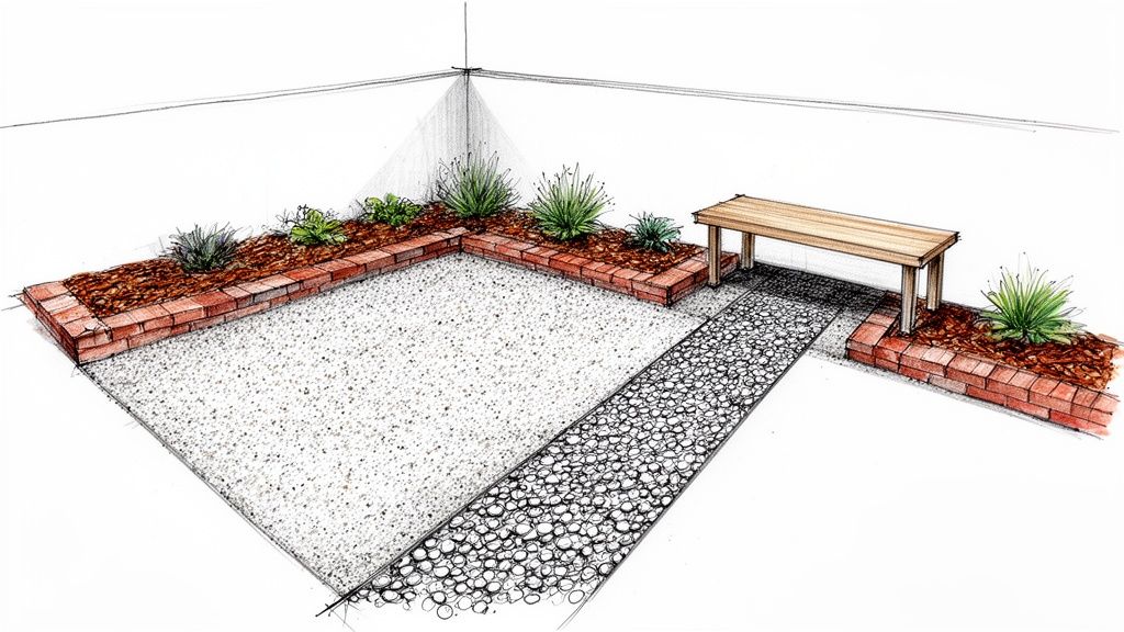A simple backyard landscaping sketch featuring raised brick garden beds, gravel patio, pebble path, and wooden bench.