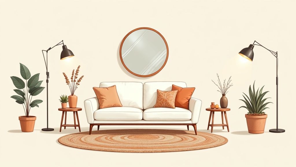 Minimalist living room with white sofa, orange cushions, round mirror, plants, lamps, and jute rug.