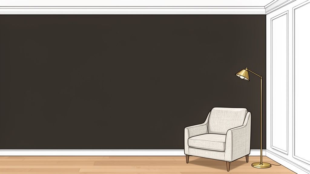 A cozy room corner with a dark brown accent wall, a light armchair, and a brass floor lamp.