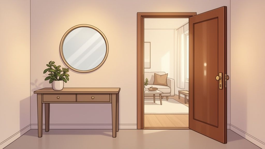 A cozy hallway with a console table, potted plant, and round mirror, leading to a sunlit living room.