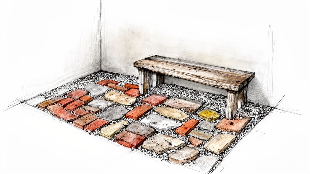 A hand-drawn sketch showing a rustic wooden bench on a pebble and stepping stone patio design.