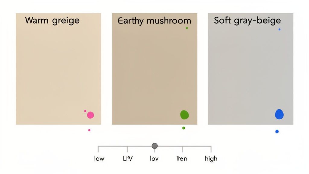Three paint swatches: warm greige, earthy mushroom, and soft gray-beige, showing their light reflectance values.