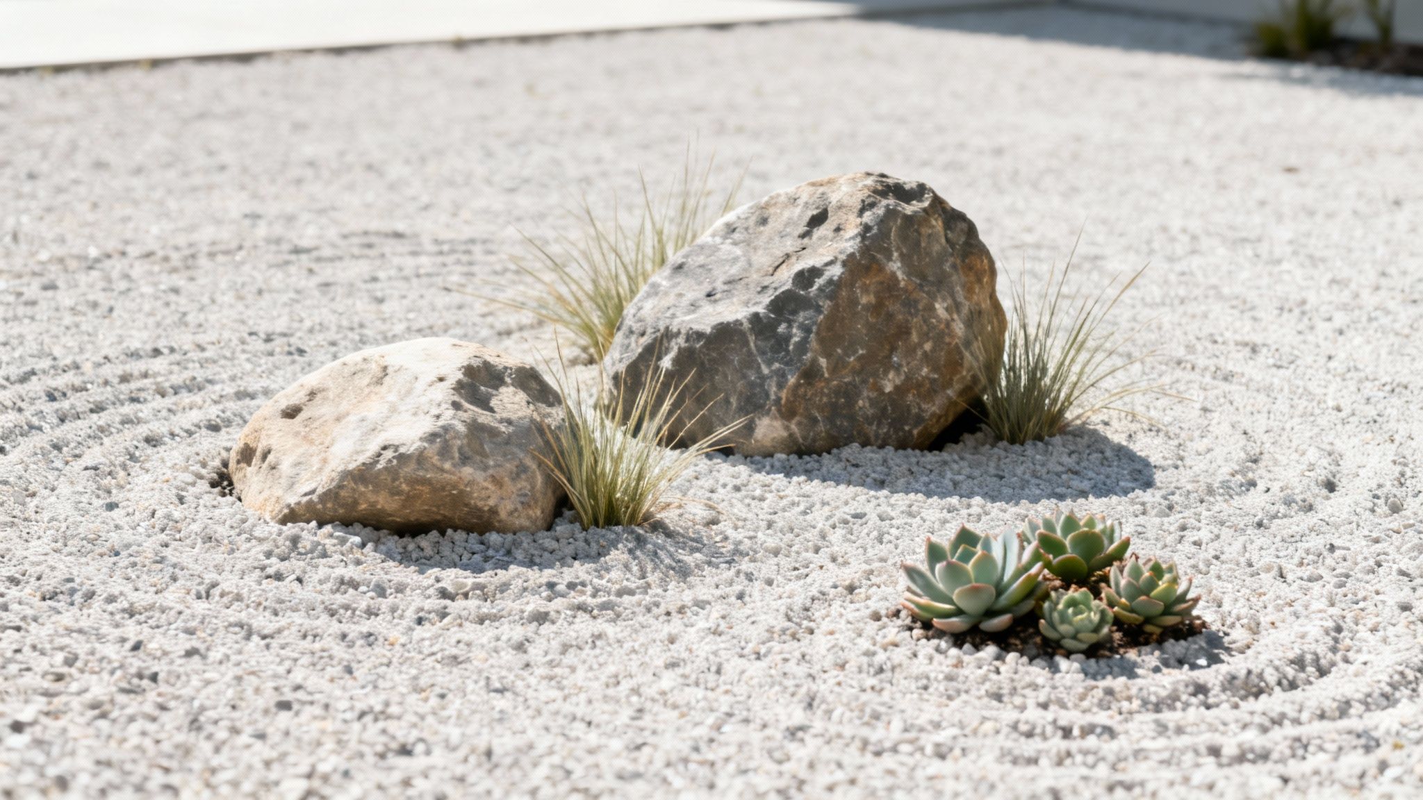A serene Zen garden close-up featuring two large rocks, ornamental grass, and succulents on raked gravel.