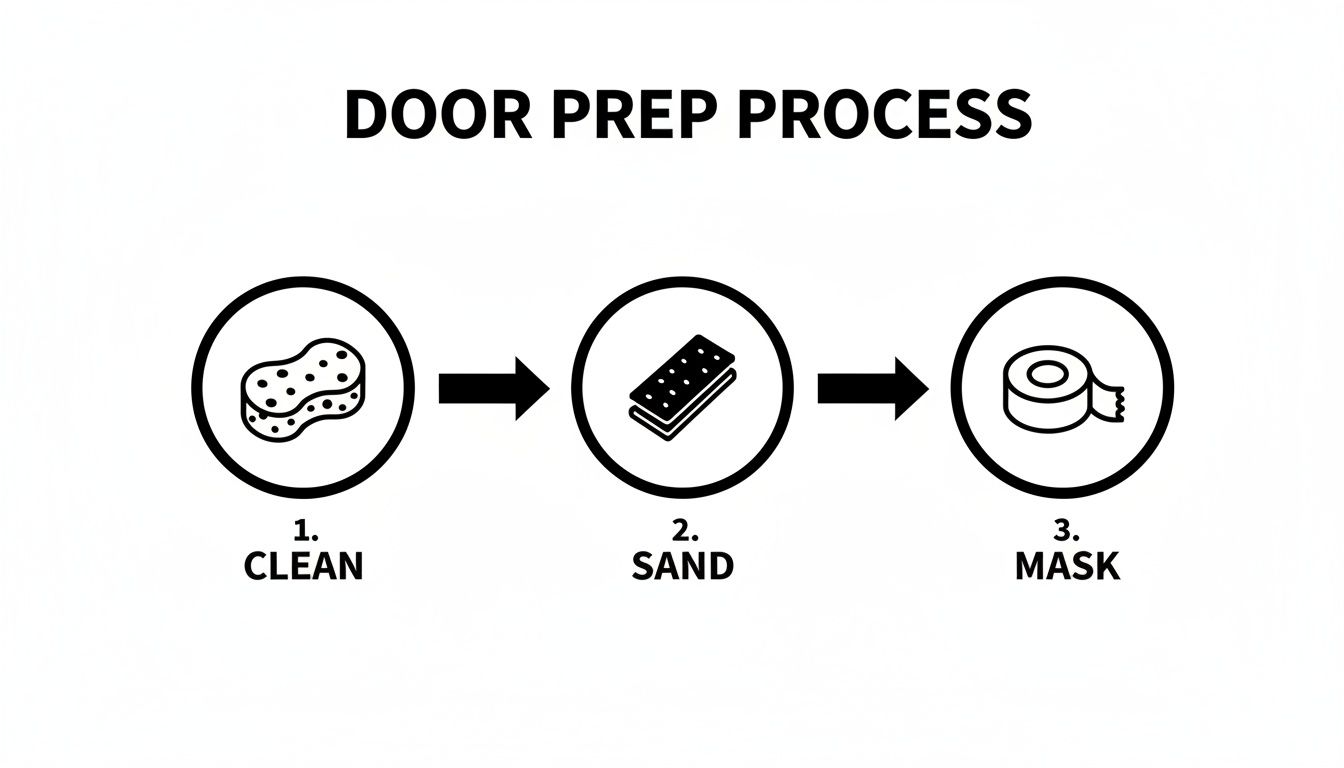 A three-step door preparation process showing cleaning with a sponge, sanding, and masking with tape.