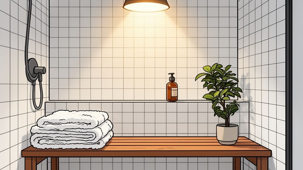 A clean, modern shower interior with white tiles, a wooden bench, towels, a plant, and a pump bottle.