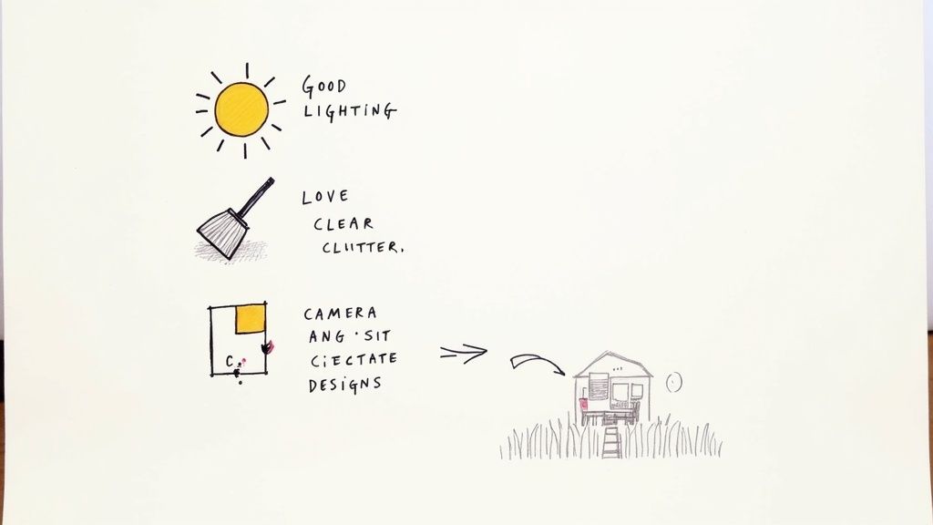 Hand-drawn illustration of design principles including good lighting, decluttering, and camera angles.
