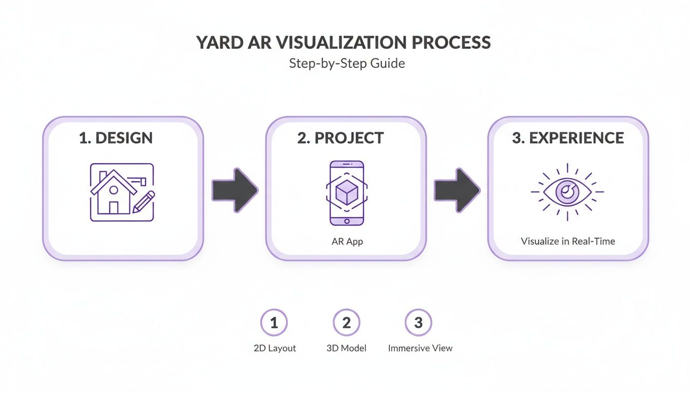 A step-by-step guide to yard AR visualization process, showing design, project (AR app), and real-time experience.