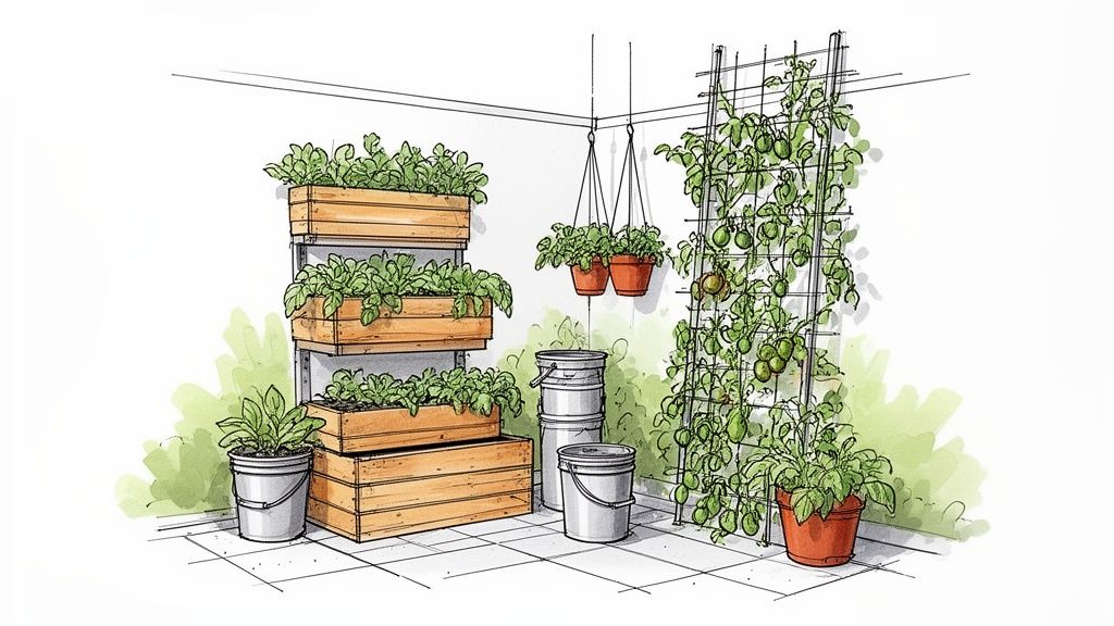 Detailed illustration showing a space-saving urban garden with vertical planters, hanging pots, and a trellis.