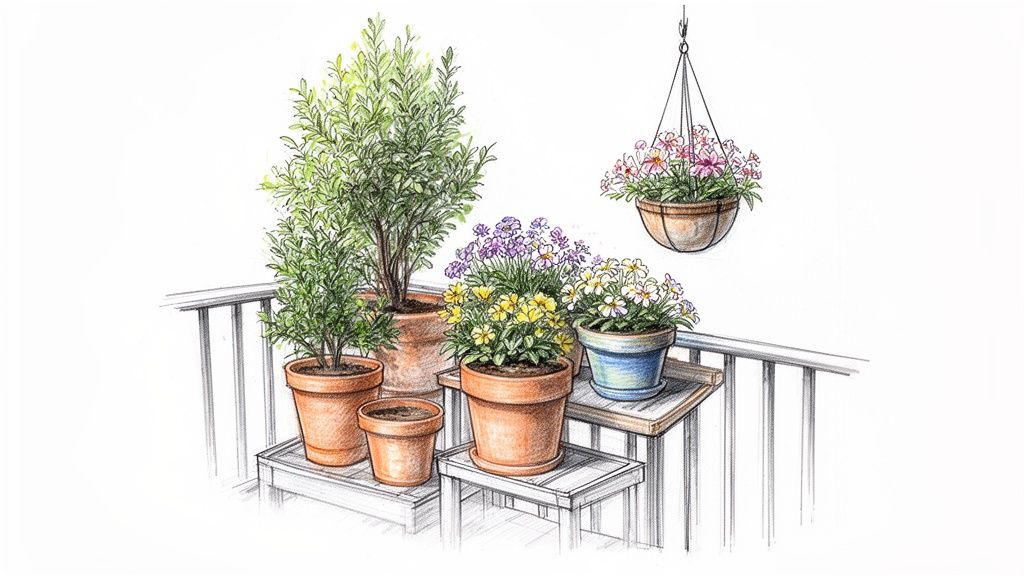 A hand-drawn illustration of a vibrant balcony garden with various potted plants and colorful flowers.