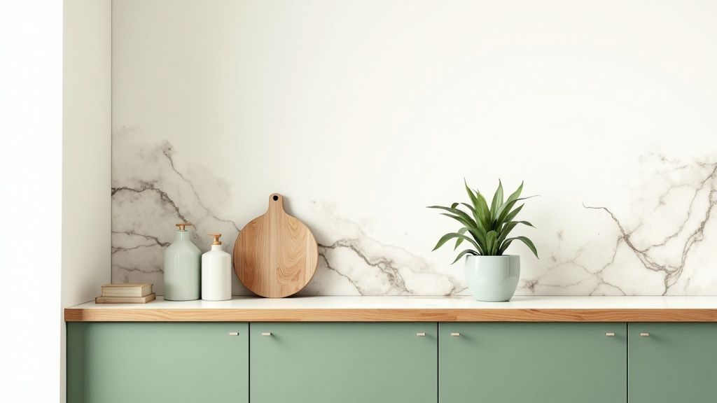 Modern kitchen with sage green base cabinets, wood countertop, marble backsplash, and decorative items.