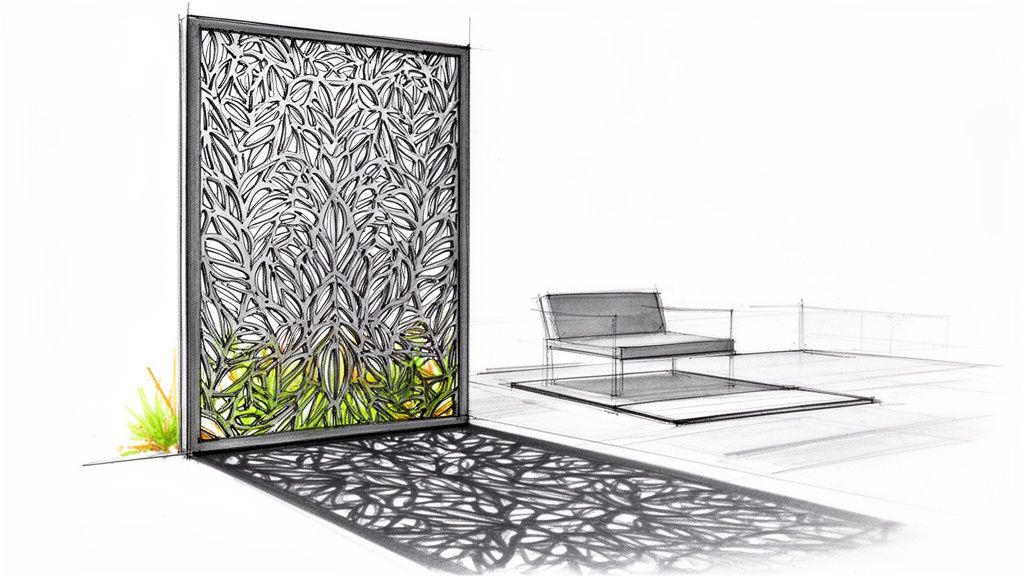 Architectural sketch of an outdoor privacy screen with leaf pattern, casting shadows, and a lounge chair.