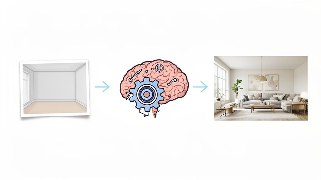 An empty room transforms into a fully furnished living space via an AI-powered brain and gear icon.
