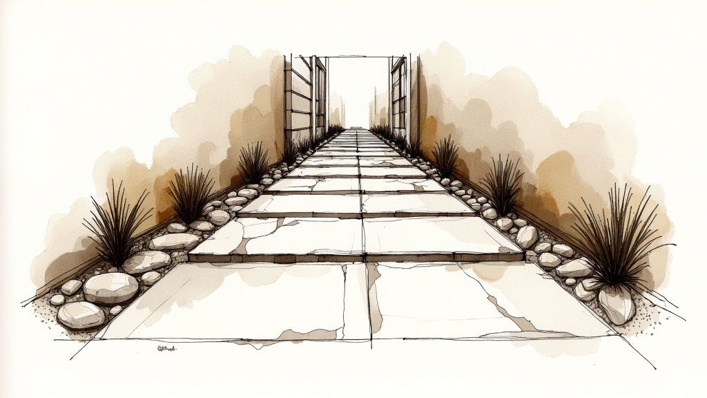 Sketch of a modern garden walkway with stone pavers, accent plants, and decorative rocks.