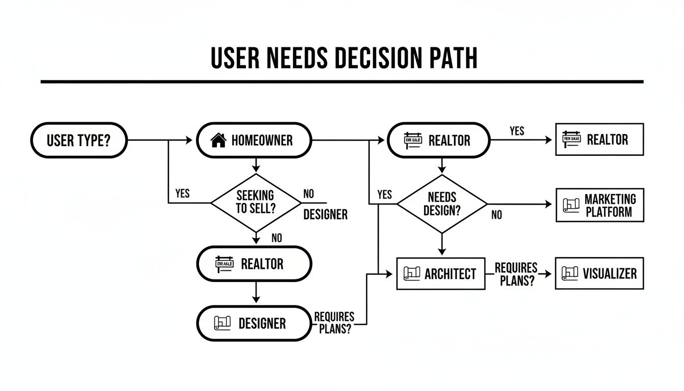 Flowchart illustrating a user needs decision path for homeowners and realtors, leading to services like design, architecture, and visualization.