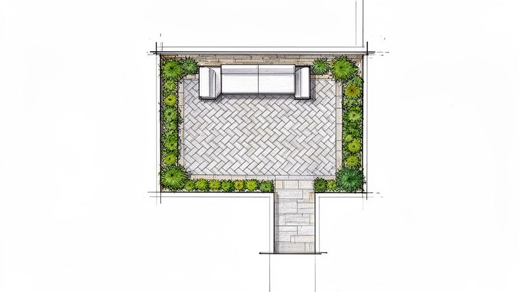 A top-down architectural sketch of a rectangular patio featuring a sofa, herringbone pavers, and lush green shrubbery, connected to a stone path.