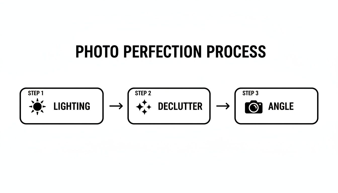 A diagram illustrates the three steps of the photo perfection process: lighting, declutter, and angle.
