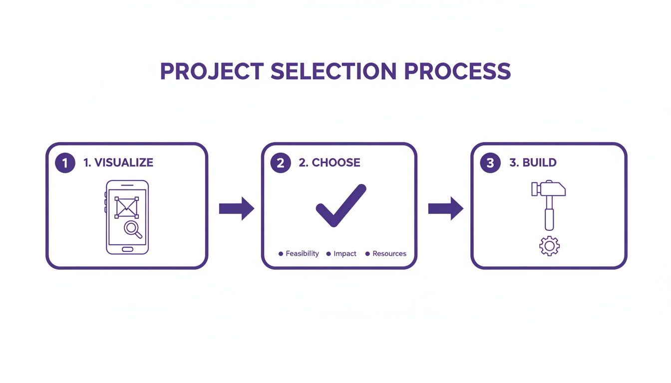 Diagram illustrating the project selection process: visualize, choose based on criteria, and build.