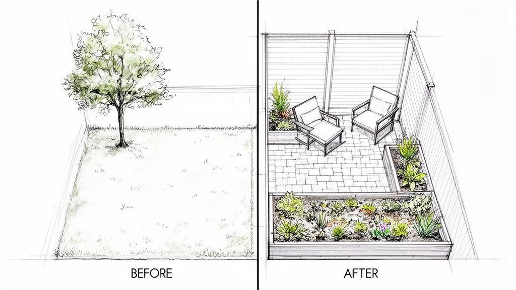 A before and after sketch of a backyard transformation from a grassy lawn with a tree to a paved patio with outdoor seating and raised garden beds.