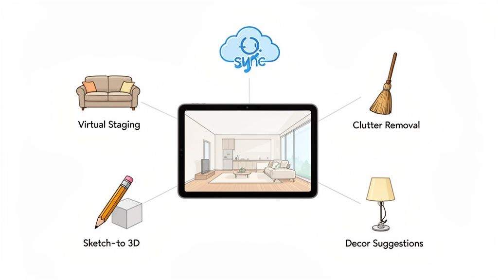 An illustration of AI interior design software features: virtual staging, clutter removal, sketch-to-3D, and decor suggestions.