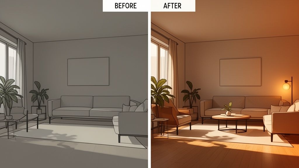 Before and after: a dull sketch transforms into a warm, inviting living room rendering.