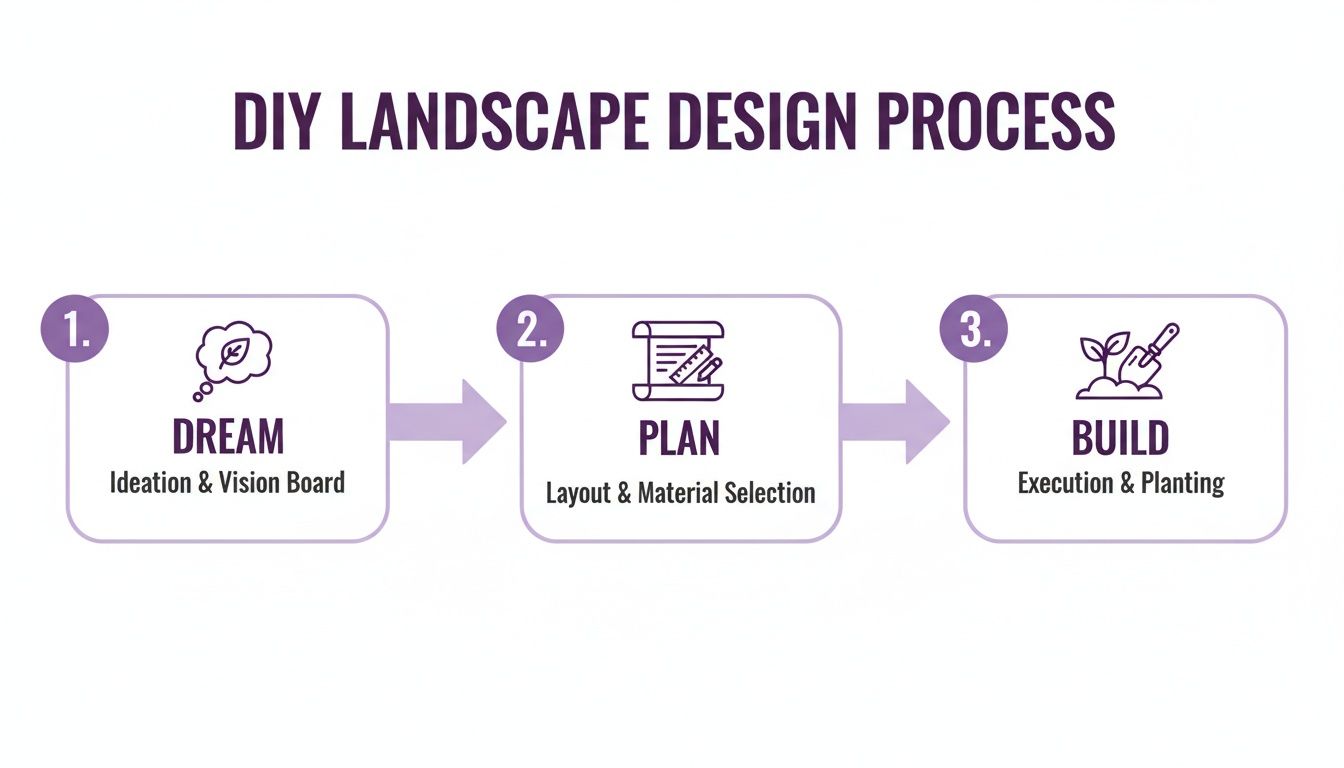 Infographic showing the three steps of DIY landscape design: Dream, Plan, and Build.