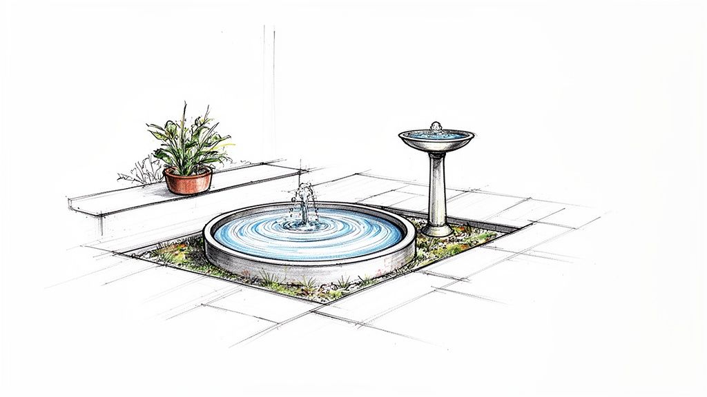 Hand-drawn sketch of a garden area featuring a round fountain, a birdbath, and a potted plant.