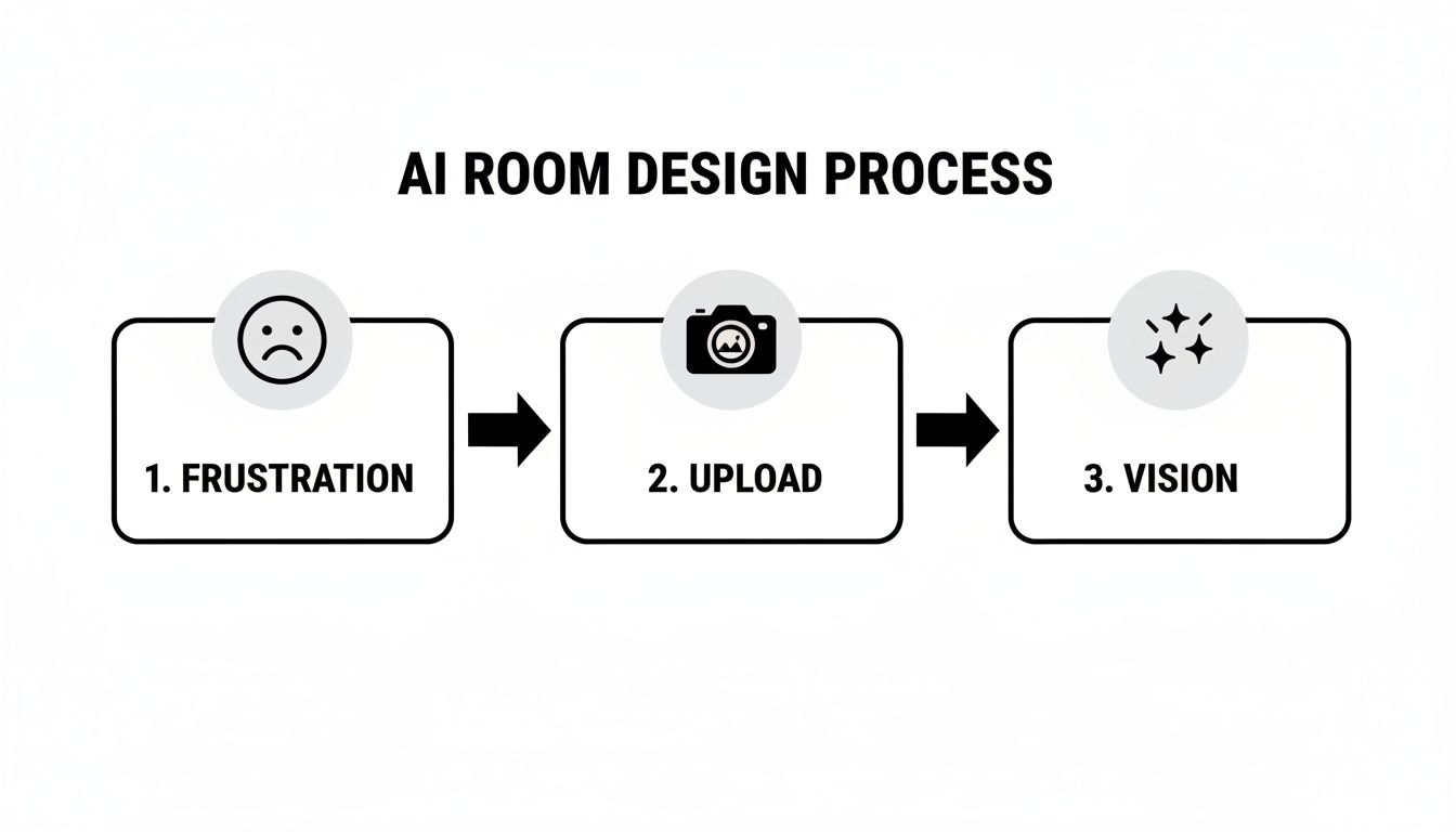 A diagram illustrating the AI room design process with three steps: frustration (sad face), upload (camera), and vision (sparkles).
