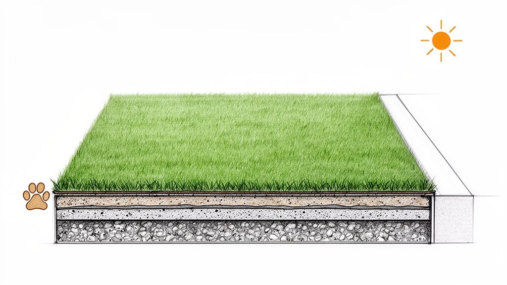 Cross-section diagram of artificial turf installation layers, including a base, with sun and paw print icons.