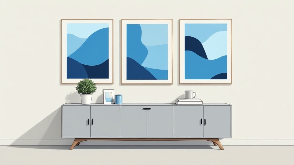Three framed abstract blue art prints hang above a grey console table with a plant and decor.