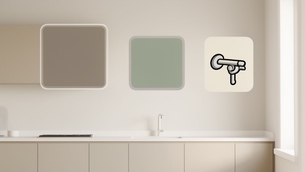 Three color samples and a faucet icon on a white kitchen wall, illustrating design choices.
