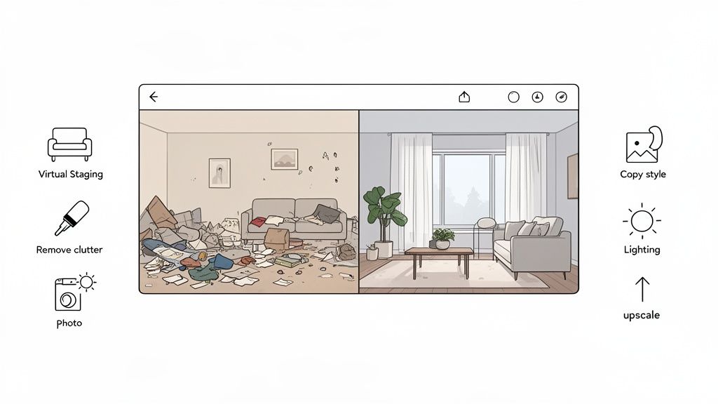 AI tools transform a cluttered room from messy to clean and modern, showcasing virtual staging features.