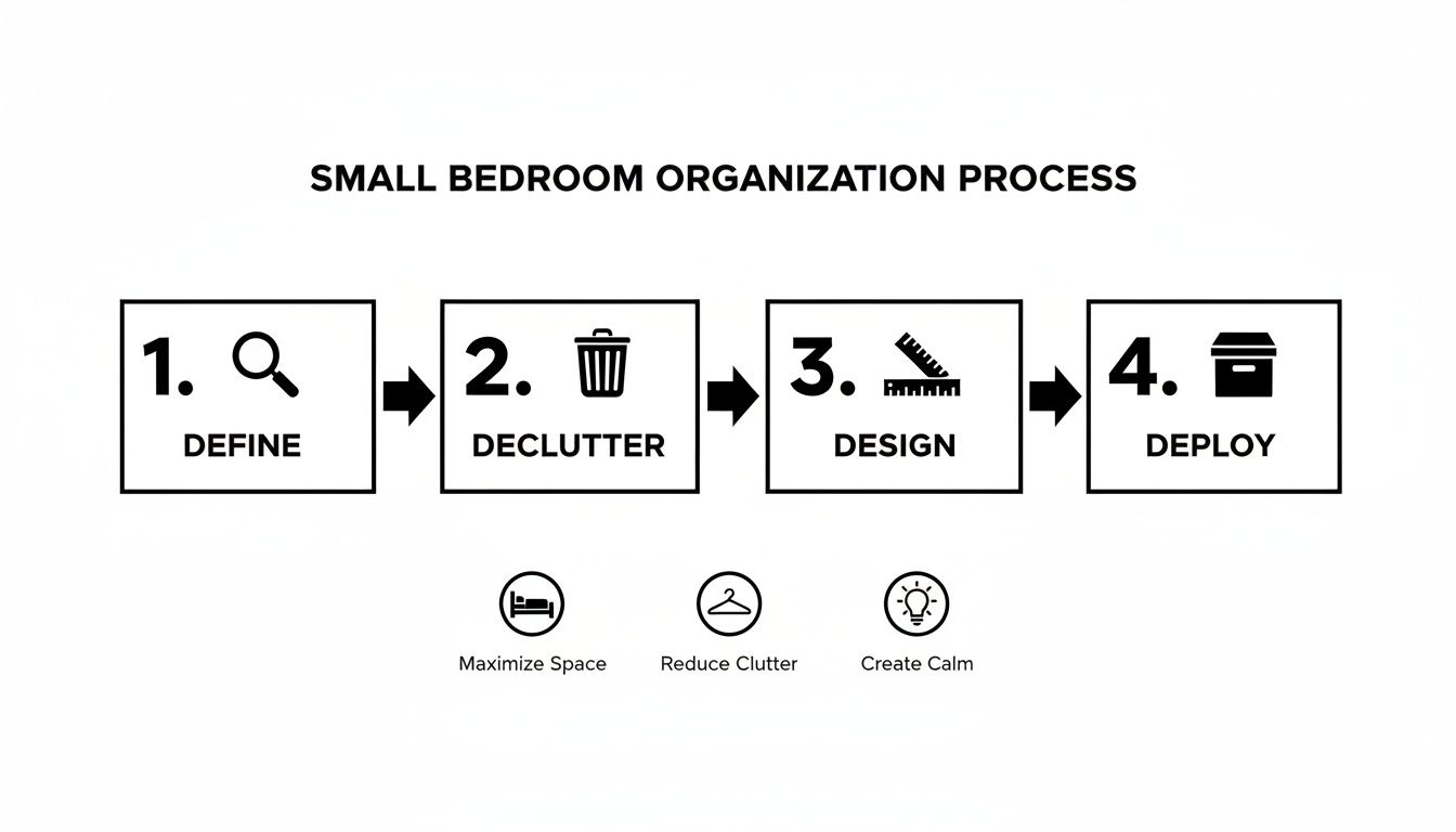 Diagram illustrating a 4-step small bedroom organization process: define, declutter, design, deploy, to maximize space and reduce clutter.