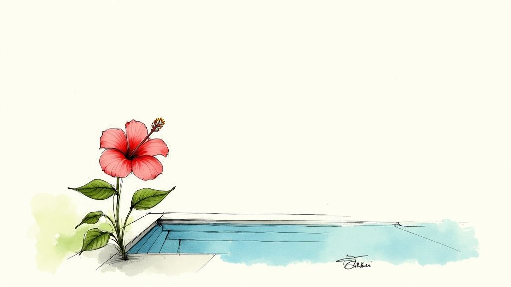 Watercolor sketch of a vibrant red hibiscus flower blooming by a clear blue swimming pool.