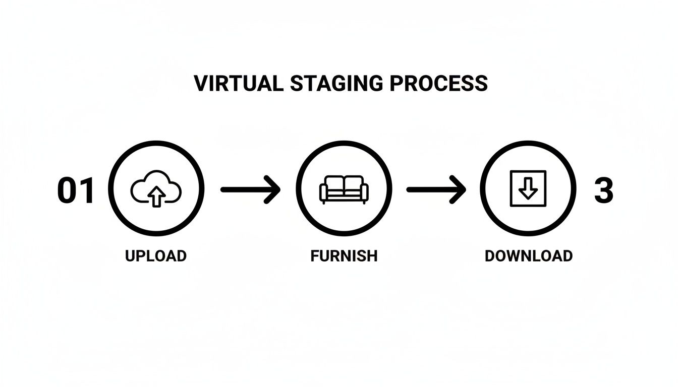 A three-step virtual staging process with icons: upload, furnish, and download, indicating a workflow.