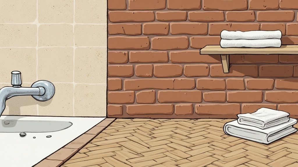 A cozy bathroom interior featuring a bathtub, faucet, brick wall, wooden shelf with towels, and patterned floor.