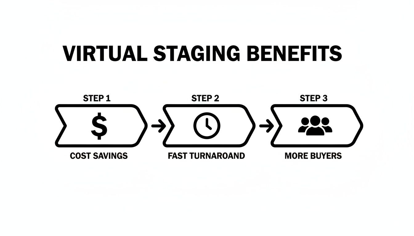 Flowchart illustrating the three main benefits of virtual staging: cost savings, fast turnaround, and more buyers.