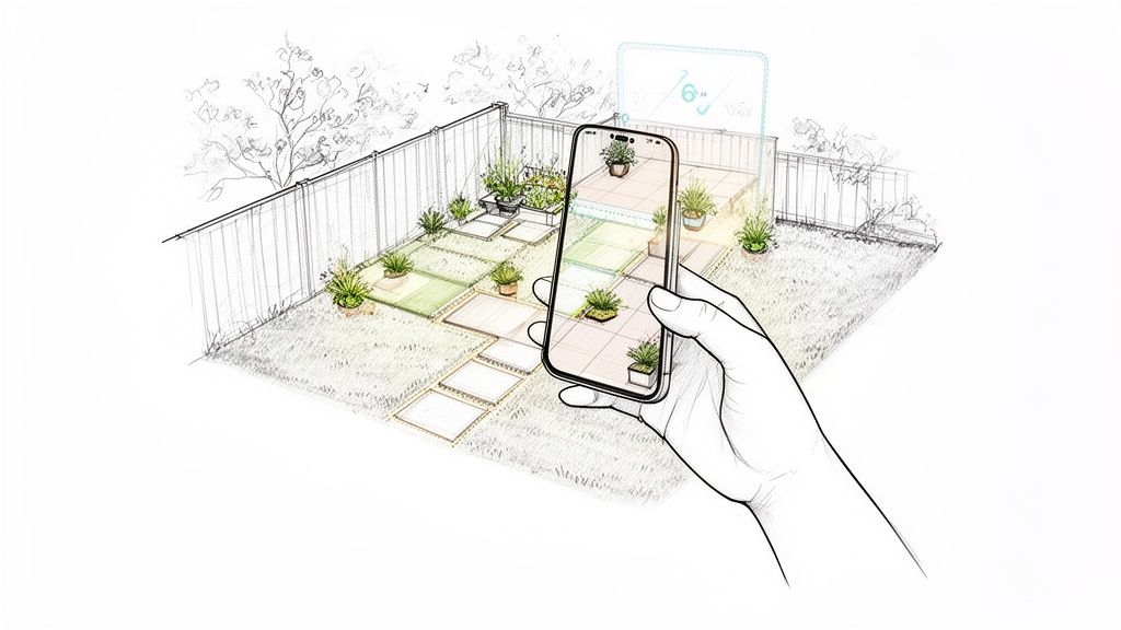 A hand holds a smartphone showcasing an augmented reality landscaping design in a sketched backyard.